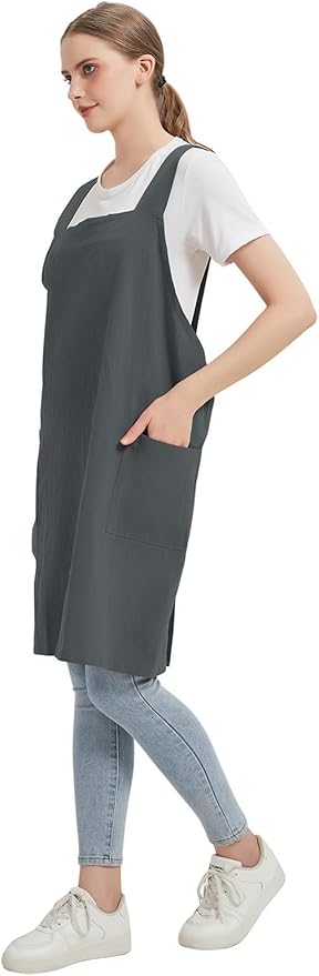 Cotton Linen Apron Cross Back Baking Cooking Gardening Apron for Women with Pockets Pinafore Dress