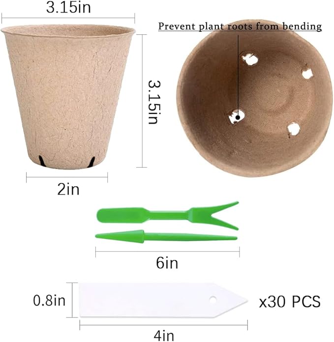 108pcs Peat Pots for Seedling 3.15" Biodegradable Plant Nursery Pots Seed Starting Pots with Drainage Holes, 30 Plant Labels, 2 Transplant Tools
