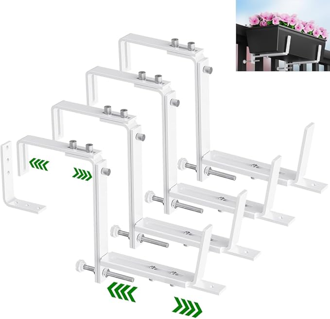 HFHOME Set of 4 Adjustable Window Planter Box Brackets, White Brackets for Window Boxes Planters, Planter Shelving with Adjustable Size The Width of The Bottom of The Planter Box