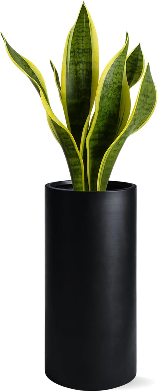 19.5"H x 9.8"D Tubo Fiberstone Cylinder Tall Planter, Christmas Tree Planter, Smooth Finishes, Weather Resistant for Indoor & Outdoor Use, Included 2 Extra Coco Mats (Black,8.2" Pot Opening)