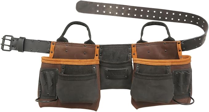 Widebrown Leather Tool Belt, 11 Pockets, Dark Brown, Metal Buckle Closure,(28-54) Inch Waist