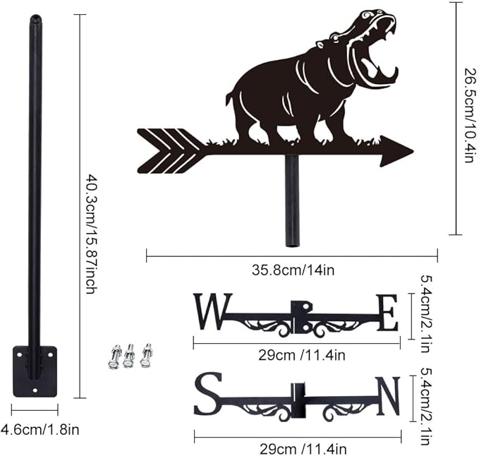 SUPERDANT Hippo Weather Vane for Roof Animal Metal Weathervane Hippo Wind Vanes for Sheds Black Wind Direction Indicator for Farmhouse Yard Farm Shed Garden Decoration