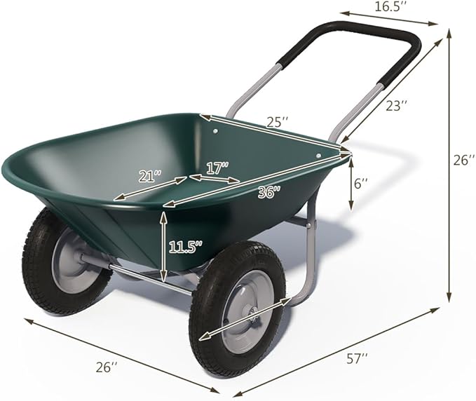 ARNOT Enlarged Dual-Wheel Wheelbarrow, Easy Loading and Dumping Garden Cart, Heavy Duty Utility Dump Cart for Lawn, Yard, Farm, Gardening & Planting, Green