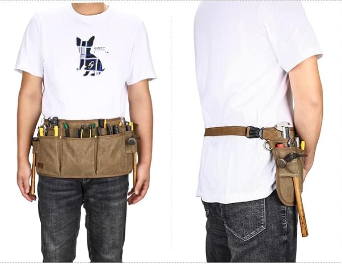 Tool Belt Pouches for Men Utility Belt Electrician Tool Bag Canvas Gardening Waist Tool Pouch with 13 Pockets for Men Women Carpenters Electricians Mechanics, Adjustable