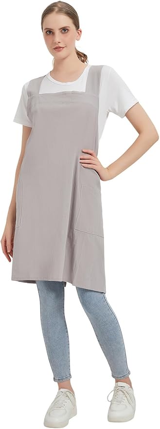 Cotton Linen Apron Cross Back Baking Cooking Gardening Apron for Women with Pockets Pinafore Dress