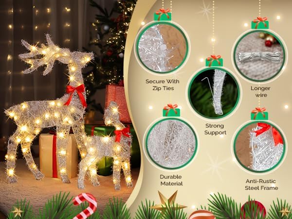VINGLI 3-Piece Lighted Tinsel Christmas Reindeer Family Set, 3FT White Buck Doe Fawn Outdoor Yard Decorations, Pre-lit 110 Warm White LED Lights, Weatherproof Xmas Lawn Garden Home Decor
