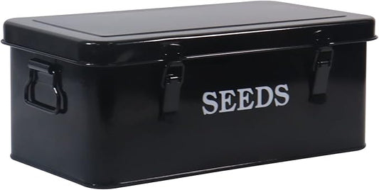 Seed Saving Box, Metal Seed Bin, Seed Storage Organizer, Seed Packet Container with Lid, Seed Envelope Storage Box, 4 Compartments Garden Seed Bin with Safety Locks-Black