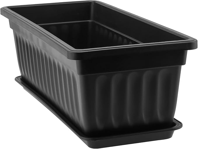 SINJEUN 6 Pack 17 Inch Rectangle Flower Window Box, Plastic Rectangular Vegetable Planters with Trays and Plant Labels, Rectangular Windowsill Planter for Porch, Balcony, Home Decor, Black