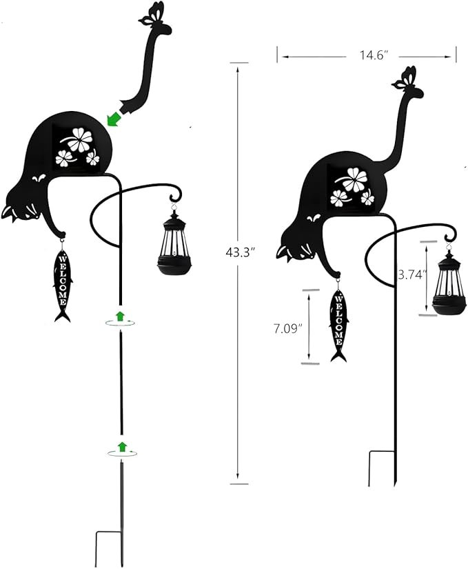 Solar-Powered Black Cat&Fish Garden Decor Stakes - Metal Silhouette Figurine for Outdoor Yard, Lawn, and Patio Decoration(Cat&Fish)