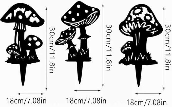 Decorative Mushroom Garden Stakes Black Garden Fairy Tale Mushroom Garden Stakes Metal Silhouette Art, Set of 3 (3, Matte Black)