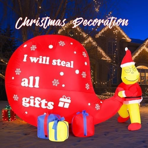 8FT Christmas Inflatable Outdoor Decorations Grinch Inflatable with Giant Gift Sack, LED Blow Up Christmas Yard Decor Outdoor Holiday Stealing Gifts Decoration for Lawn, Garden & Porch