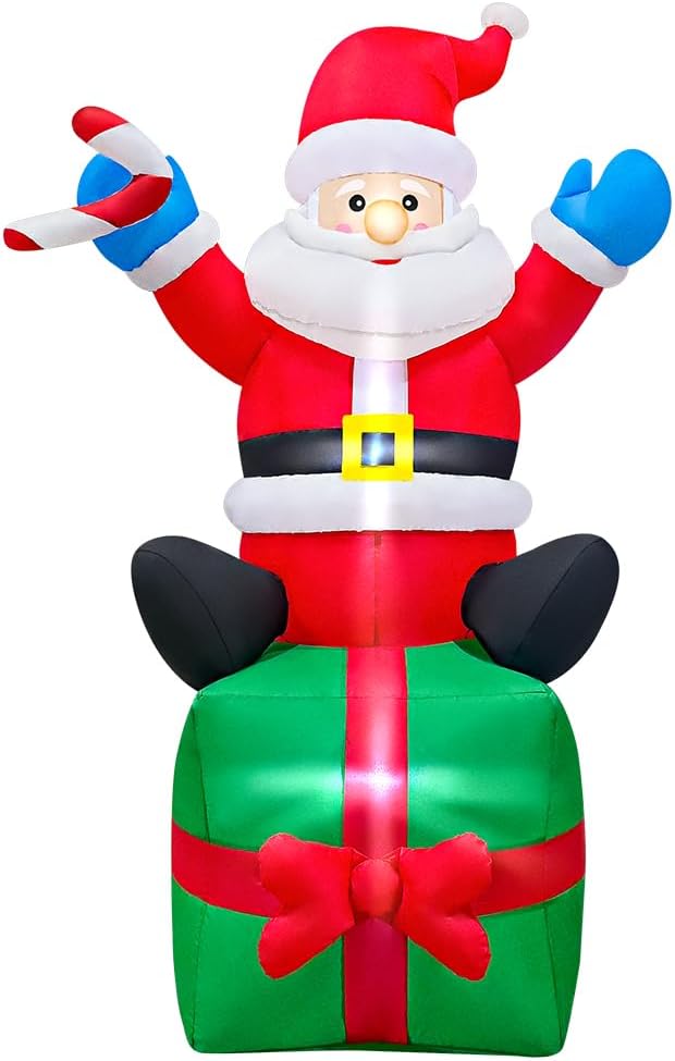 6FT Christmas Santa Inflatables Outdoor Decorations Santa Claus with Gift Box Blow Up Yard Decorations,Built-in LED Lights for Outdoor Christmas Party Yard Garden Lawn Xmas Decoration