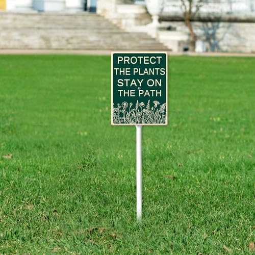 FemiaD Protect The Plants Stay On The Path Yard Sign with Stake 7x8.8inch Sturdy Aluminum Rustproof Outdoor Lawn Decor for Garden Front Door Outdoor Use Easy to Install