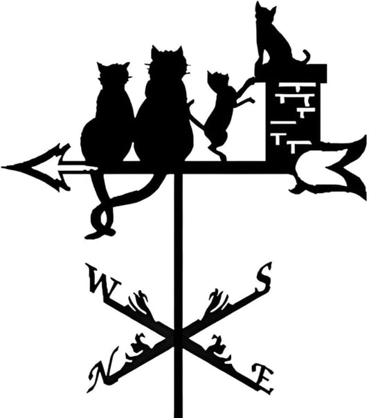 Metal Weather Vane Cat Rooftop Weathervane Black Rust-Proof Wind Direction Indicator for Garden Decor Fence Cottage Farmhouse Roof (Cat Family)