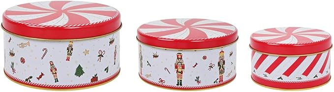 Christmas Cookie Tin Set of 3 Decorative Metal Storage Tin Boxes with Lids for Home Decor Memory Boxes for Keepsakes and Photos(WhiteRed)