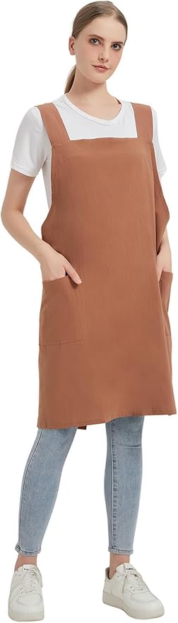 Cotton Linen Apron Cross Back Baking Cooking Gardening Apron for Women with Pockets Pinafore Dress