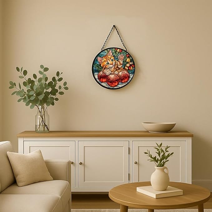 Stained Glass Window Hanging – 11.8 in Orange Cat with Christmas Balls Panel with Chain， Bathroom Front Door Living Room Garden Decor， Gift for Mom Wife Lovers