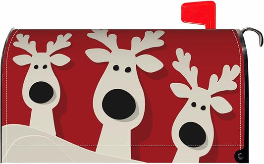 Dark Red Christmas Mailbox Covers Magnetic Standard Size Cute Xmas Deer Print Mailbox Wraps Winter Holiday Themed Outdoor Decorative Letter Box Cases for Home Garden Outside Decor, 21x18 Inch