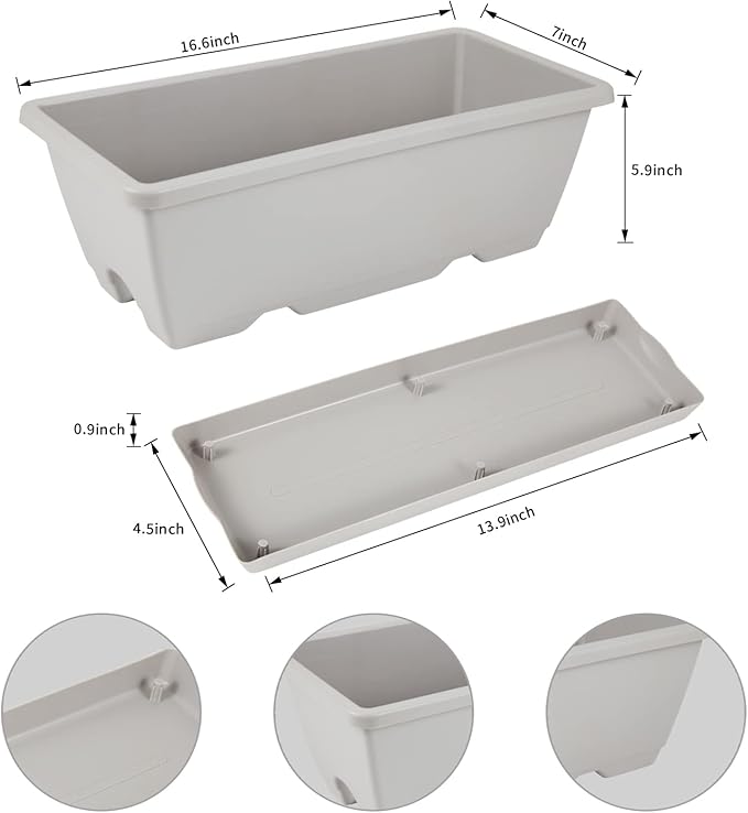 8pcs Window Box Planter, 17 Inches Flower Window Boxes, Rectangle Planters Box with Drainage Holes and Trays, Plastic Vegetable Planters for Windowsill Patio Garden Home Decor Porch Yard (Grey)