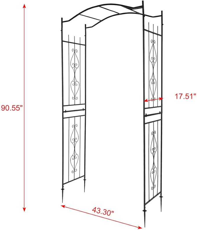 Garden Arbor with Side Garden Trellis, 7.5FT Metal Garden Arch for Climbing Plants Outdoor, Black Archway for Lawn, Patio and Backyard, Wedding Arches for Ceremony, Includes Ground Stakes