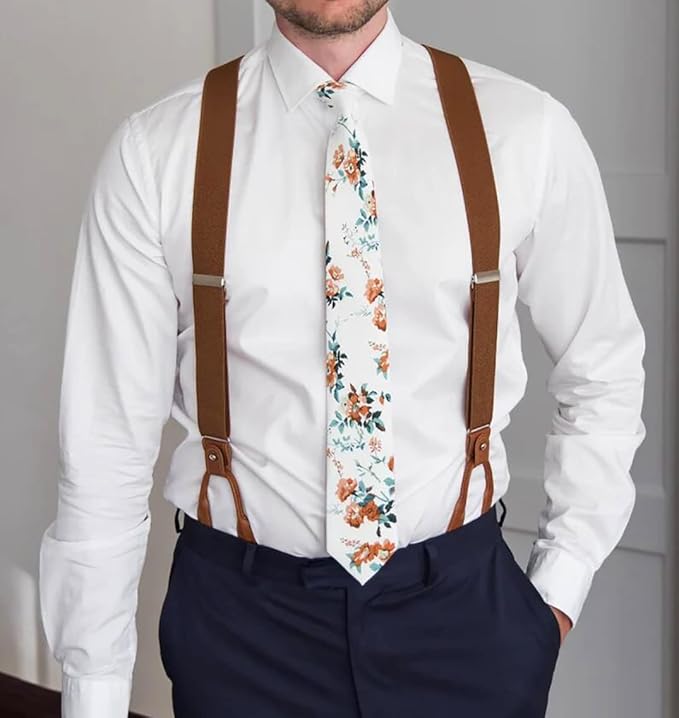 UPSONG Mens Suspenders，Brown Leather Button Tab and Clip Braces Heavy Duty Suspender Wedding Suspenders for Groom Groomsmen