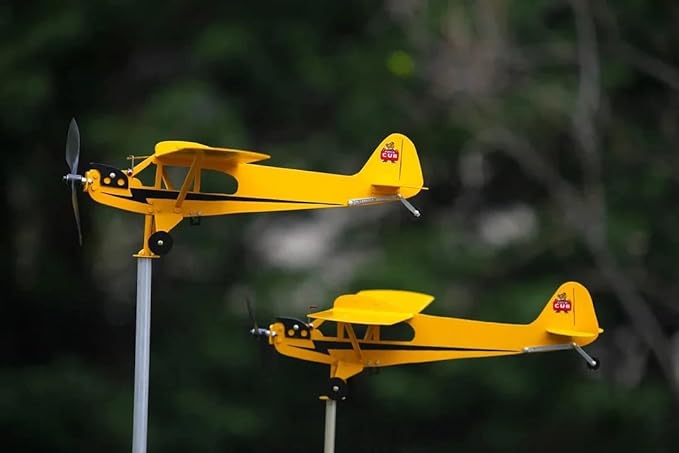 Piper J3 Cub Airplane Wind Spinner - Metal Airplane Weathervane, Handmade Windmill, Outdoor Decor Gift for Flight Lovers (20 x 18cm)