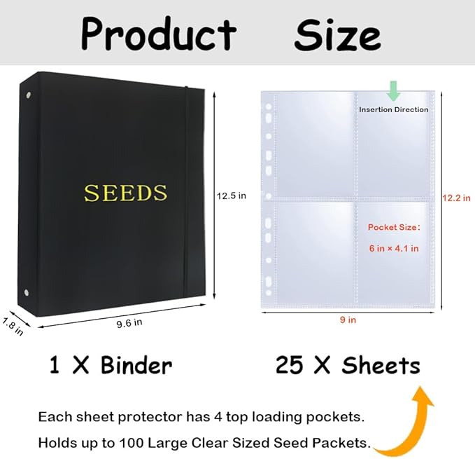 Seed Storage Organizer Binder, 3 Ring Seed Packet Organizer with 100 Clear Pockets(25 Pack Sheet Sleeves), Garden Seed Holder Book for Seed Envelopes Card, Plant Seed Saver, Flower Seed Keeper(A4)