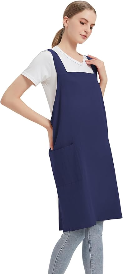 Cotton Linen Apron Cross Back Baking Cooking Gardening Apron for Women with Pockets Pinafore Dress