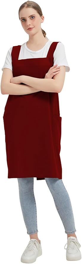Cotton Linen Apron Cross Back Baking Cooking Gardening Apron for Women with Pockets Pinafore Dress