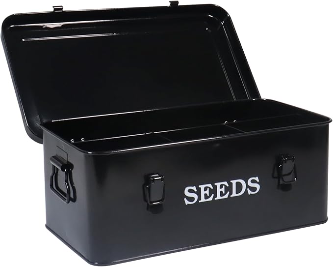 Garden Seed Box, Black Metal Seed Storage Box, Seed Storage Organizer Case with 4 Dividers, Seeds Packet Container for Gardening, Seed Envelope Storage Box with Portable Handle & Safety Lock