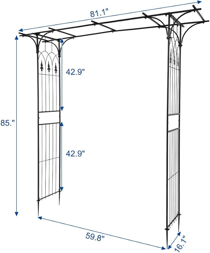 7FT Metal Garden Arch Trellis, Heavy Duty Metal Garden Arbor with Stakes for Climbing Plants Outdoor Patio, Stable Trellis Arch for Wedding Ceremony Party, 81" L x 16" W x 82" H, Black, 13mm