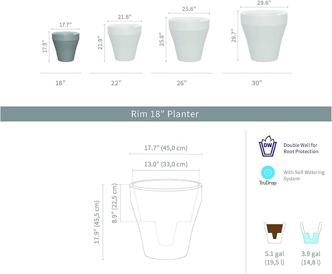 Crescent Garden Rim TruDrop Planter, Self-Watering Plant Pot, 18-Inch (Currant)