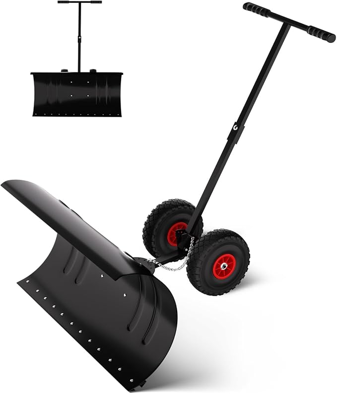 Snow Pusher with Wheels for Driveway, 29.5" Wide Heavy Duty Steel Blade, 5-Position Angle Adjustment & 60° Tilt Handle, Ergonomic Push Snow Shovel with Ground Protection for Effortless Snow Removal