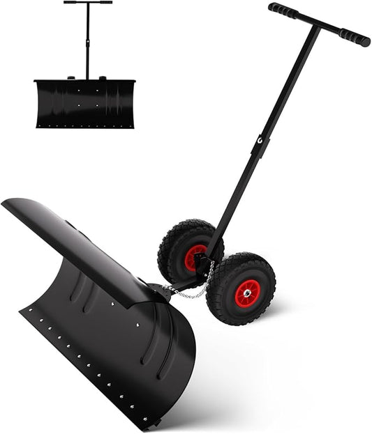 Snow Pusher with Wheels for Driveway, 29.5" Wide Heavy Duty Steel Blade, 5-Position Angle Adjustment & 60° Tilt Handle, Ergonomic Push Snow Shovel with Ground Protection for Effortless Snow Removal