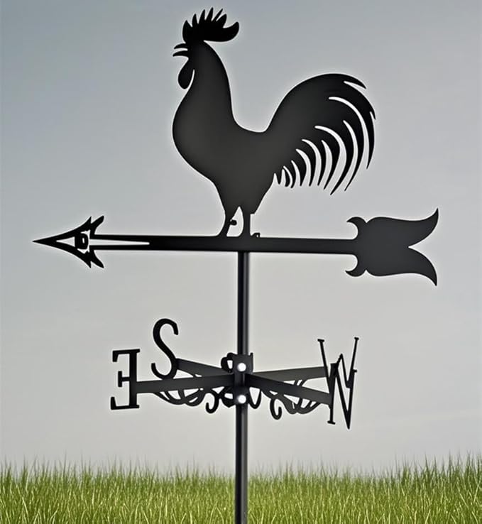 Rooster Weathervane Silhouette Art Black Metal Cock Wind Vanes Indicator Kit Outdoor Bracket for Garden Roof Yard Building (L)