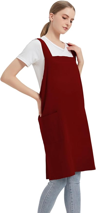 Cotton Linen Apron Cross Back Baking Cooking Gardening Apron for Women with Pockets Pinafore Dress