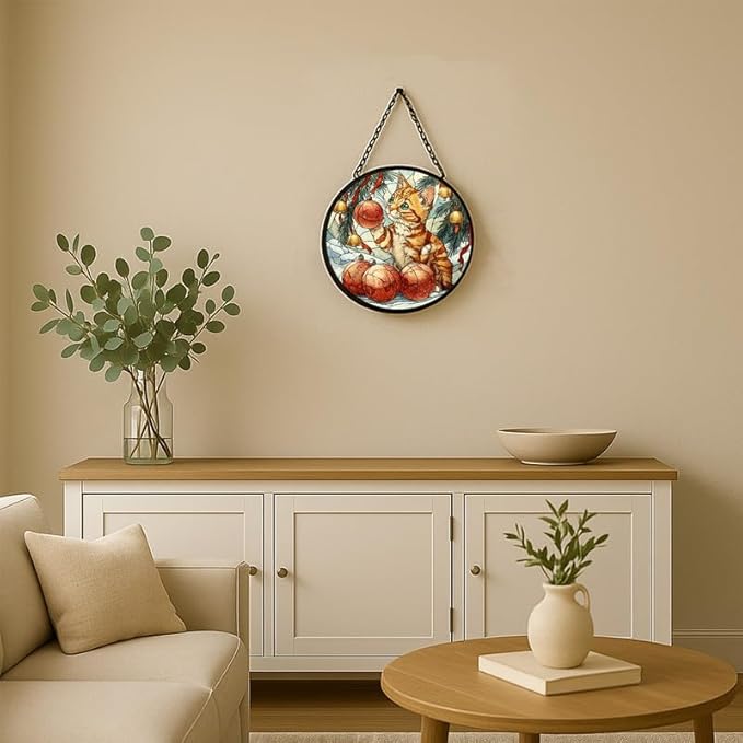 Stained Glass Window Hanging – 9.8 in Kitten with Christmas Ornaments Panel with Chain， Bathroom Front Door Living Room Garden Decor， Gift for Mom Wife Lovers