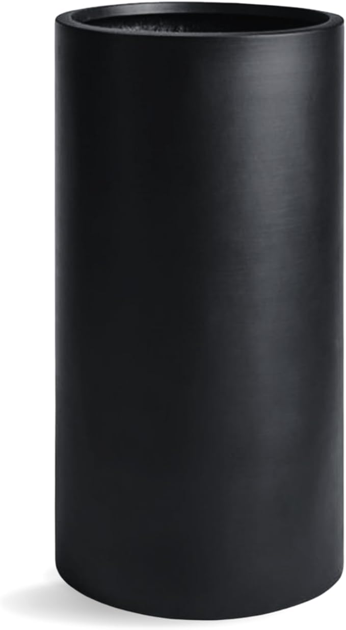 19.5"H x 9.8"D Tubo Fiberstone Cylinder Tall Planter, Christmas Tree Planter, Smooth Finishes, Weather Resistant for Indoor & Outdoor Use, Included 2 Extra Coco Mats (Black,8.2" Pot Opening)