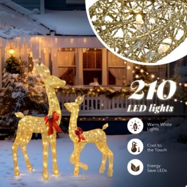 VINGLI 2-Piece Lighted Christmas Deer Family Outdoor Yard Decorations Set, 210 Warm White LED Gold Reindeer for Christmas Lawn Garden Pathway Decor, Indoor Outdoor Holiday Display