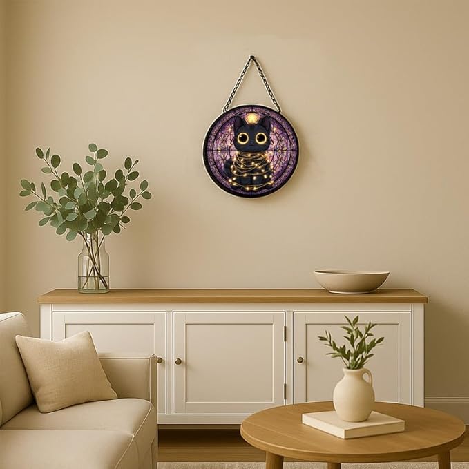 Stained Glass Window Hanging – 9.8 in Black Cat with String Lights Panel with Chain， Bathroom Front Door Living Room Garden Decor， Gift for Mom Wife Lovers