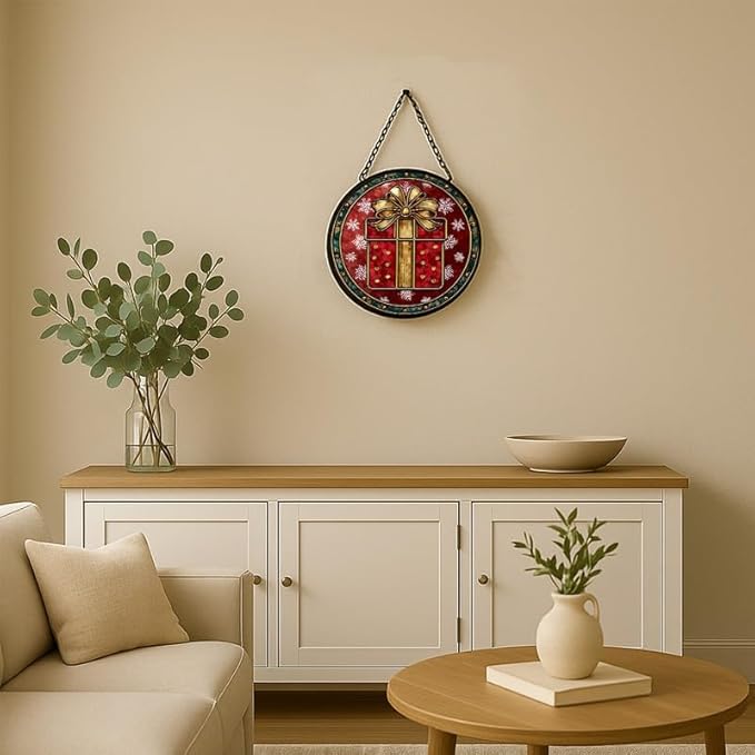 Stained Glass Window Hanging – 7.8 in Box Panel with Chain， Bathroom Front Door Living Room Garden Decor， Holiday Present Gift for Mom Wife Lovers