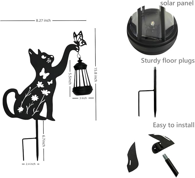 Metal Black Cat Christmas Decorations Outdoor Solar Lights Outdoor Garden Stakes Decorations Lawn Ornament Yard Art Gifts for Women Men Cat Lovers Gifts(1pc)