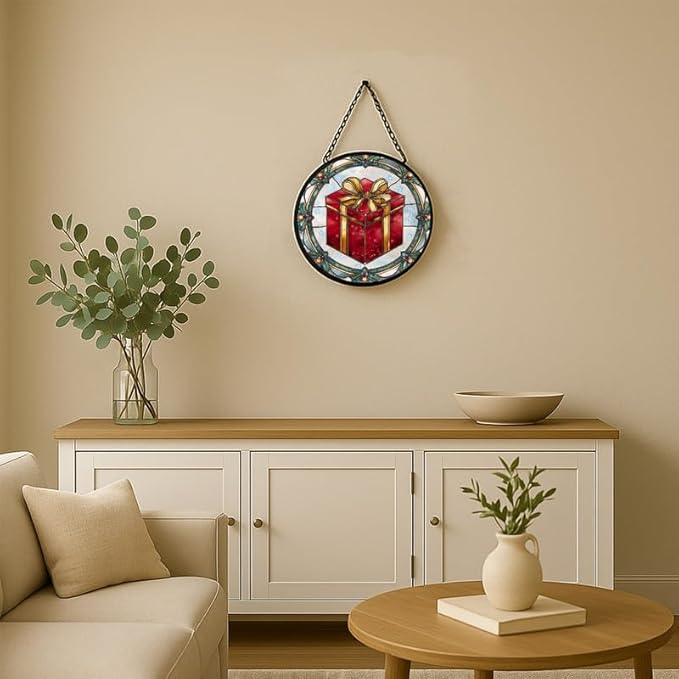 Stained Glass Window Hanging – 6.3 in Box Panel with Chain， Bathroom Front Door Living Room Garden Decor， Holiday Present Gift for Mom Wife Lovers