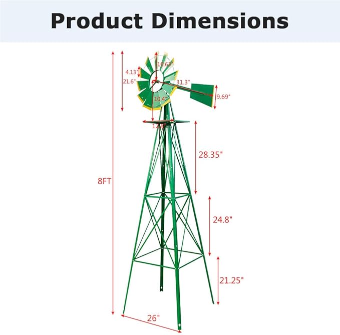 8FT Windmill for Yard Garden Decoration with Weather Vanes，Heavy Duty Outdoor Wind Mills, Large Metal Outdoor Windmill, Weather Resistant,Green