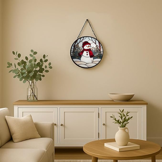 Stained Glass Window Hanging – 9.8 in Snowman Panel with Chain， Winter Holiday Bathroom Front Door Living Room Garden Decor， Gift for Mom Wife Lovers