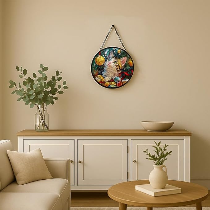 Stained Glass Window Hanging – 7.8 in Kitten and Christmas Tree Panel with Chain， Bathroom Front Door Living Room Garden Decor， Gift for Mom Wife Lovers