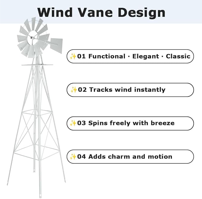 8FT Windmill for Yard Garden Decoration with Weather Vanes，Heavy Duty Outdoor Wind Mills, Large Metal Outdoor Windmill,Weather Resistant,White