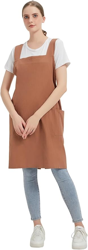 Cotton Linen Apron Cross Back Baking Cooking Gardening Apron for Women with Pockets Pinafore Dress