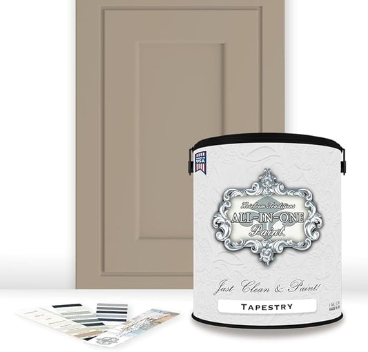 ALL-IN-ONE Paint, Durable cabinet and furniture paint. Built in primer and top coat, no sanding needed. Includes our 30 featured color card - Tapestry (khaki brown), Gallon