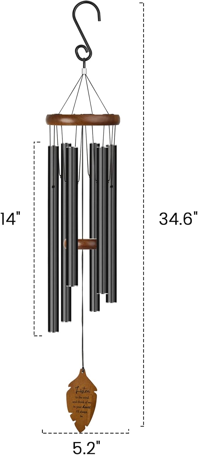 Outdoors Wind Chimes Sympathy Memorial for Loss of Loved One - Soothing Melodic Tones. Bamboo and Aluminum Chime Great as a Gift for Your Patio Porch Garden and Backyard (34.6" Black)